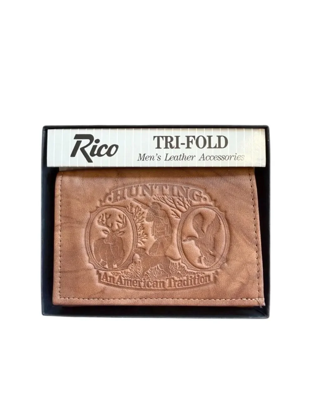 Vintage Rico Leather Trifold Wallet Hunting Deer Duck Embossed NIB USA Made